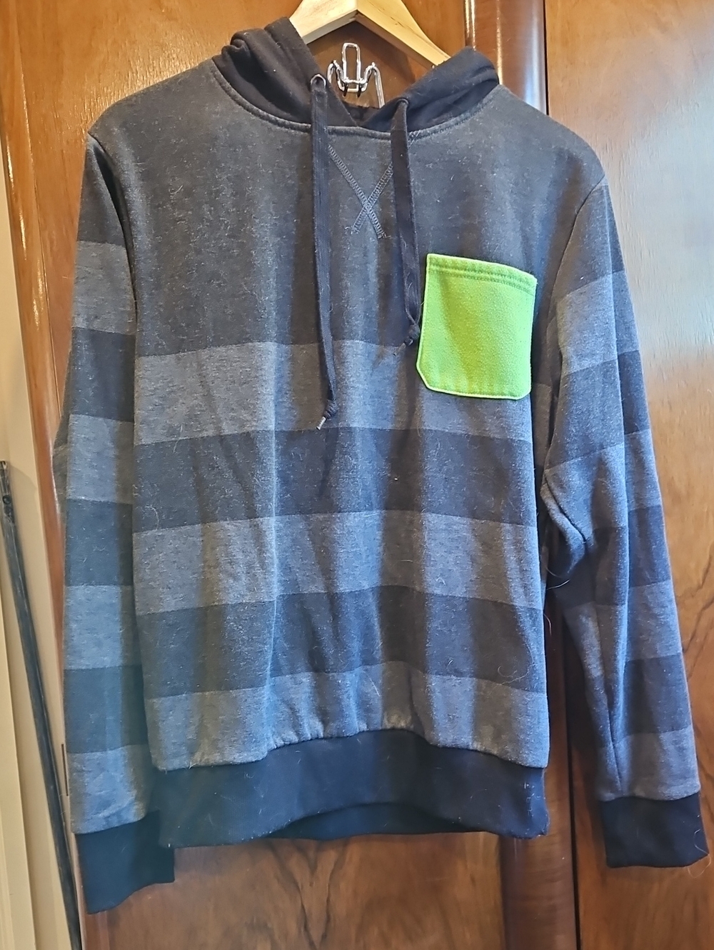 Men's Urban Heritage Gray Striped Hoodie with Lime Green Pocket - Size M